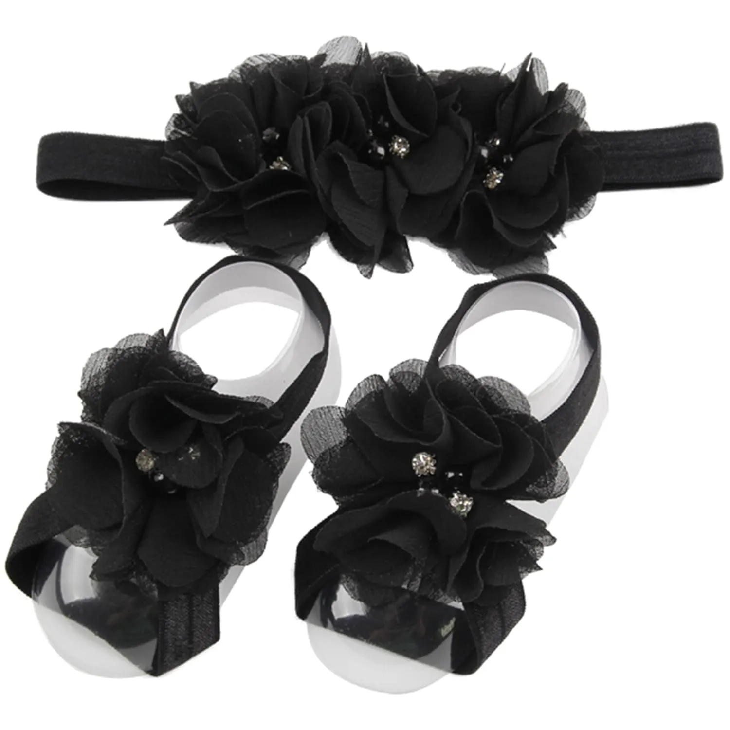 Baby girls infant crochet butterfly headbands and knitted flower barefoot sandals.(BBFJ3) (BK)