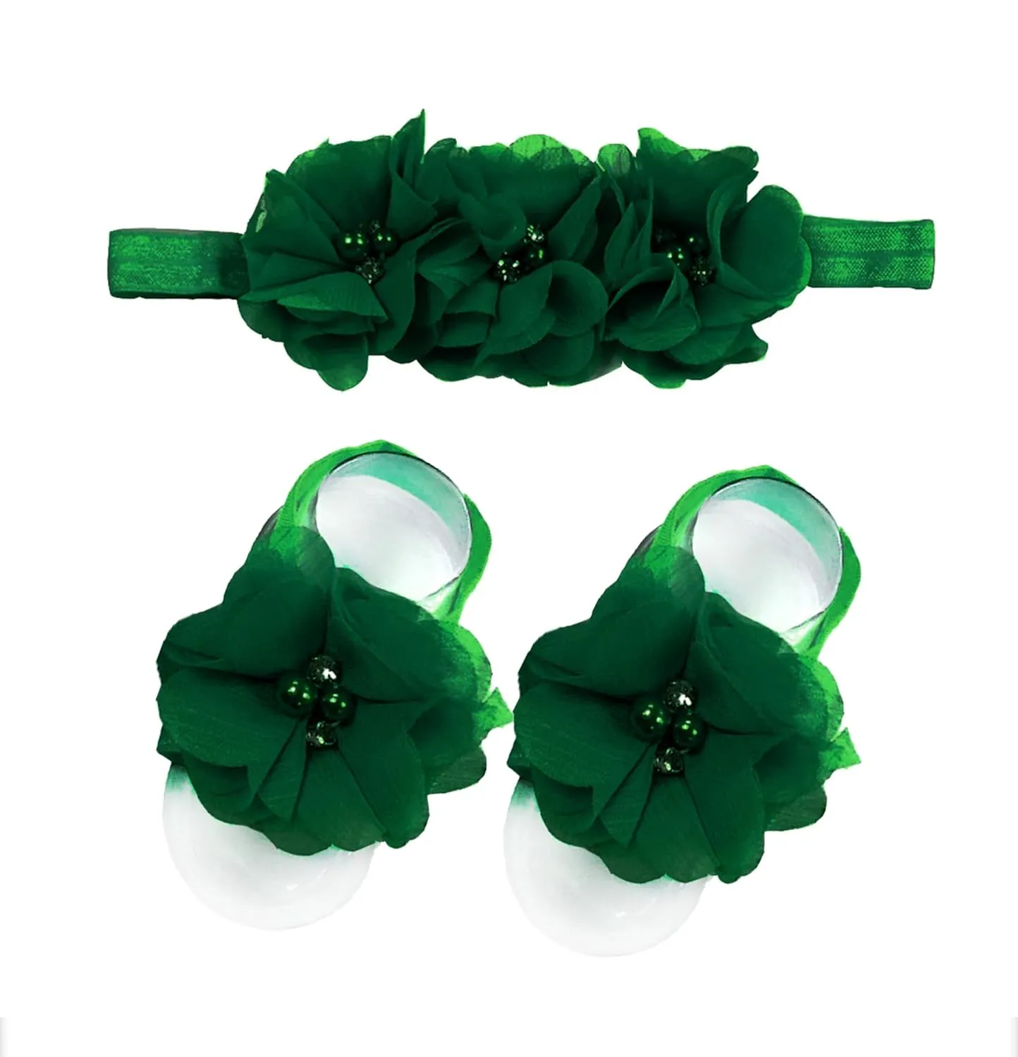 Baby girls infant crochet butterfly headbands and knitted flower barefoot sandals.(BBFJ3) (Green)