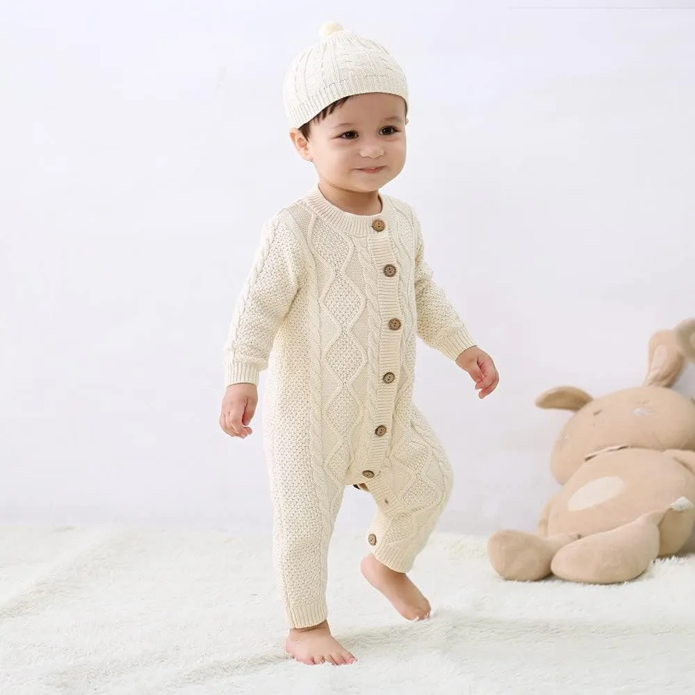 Baby Newborn Boy Knitted Sweater Romper Cotton Longsleeve Outfit with Kids Winter Warm Hats Set