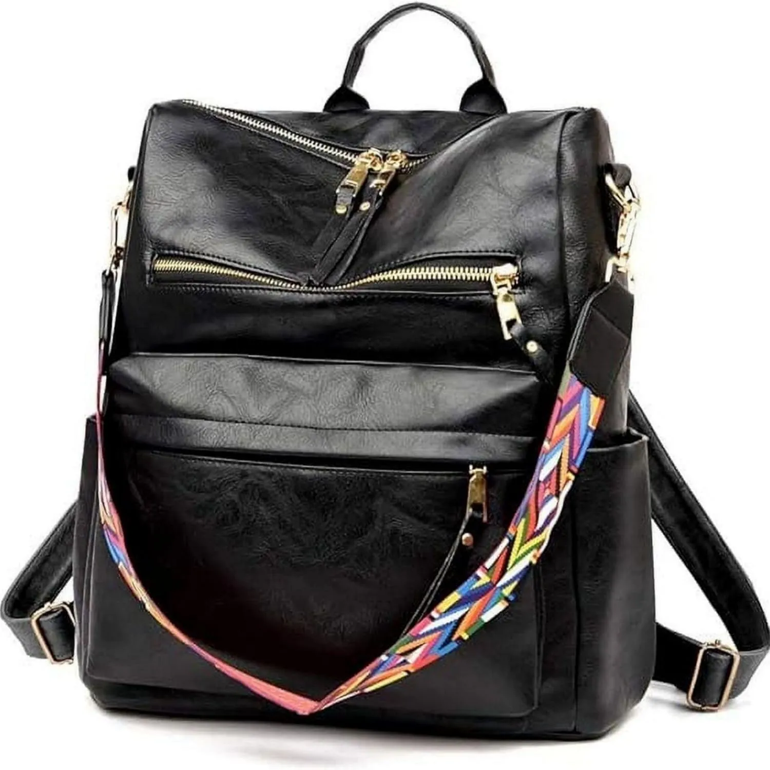 Backpack Purse for Women Fashion, PU Leather Designer Anti-theft School Backpack Convertible Shoulder Bags,Designer Large Backpack Travel Bag Black