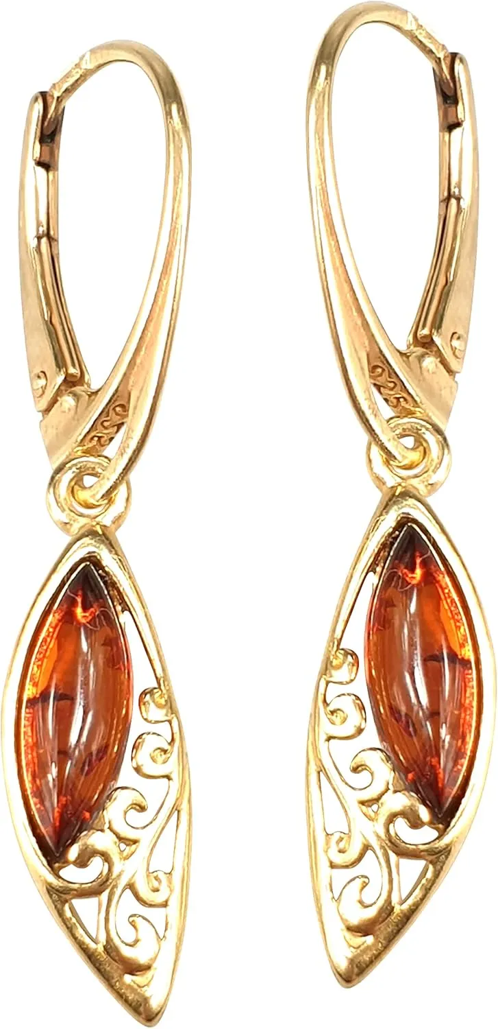 Baltic Amber earrings Small Gemstone Earrings Gold Plated Silver Dangle Drops Handmade Jewelry elegant Crystal Earring