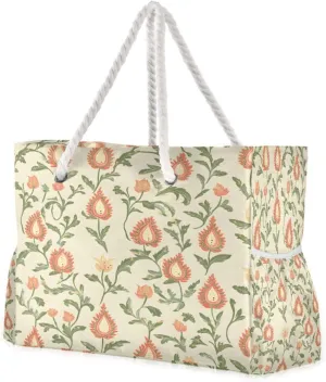Beach Bag - Large Tote Bags for Women Paisley Floral Pattern Beige Shoulder Bags Zipper Waterproof Sandproof for Travel Gym Swim Daily