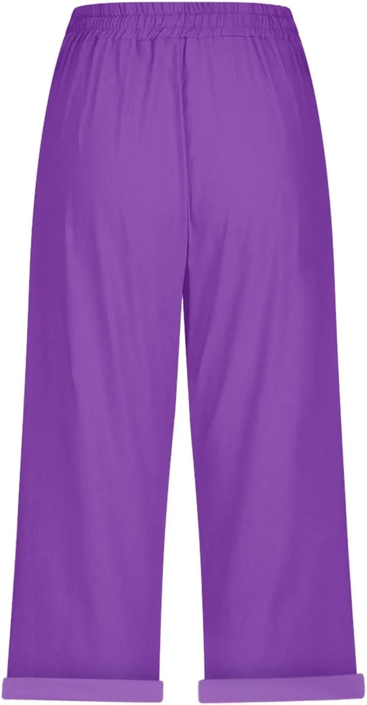 Beach Pants for Women Pants Drawstring Capri Pants with Pockets Wide Leg Cropped Pants for Women Loose Pants for