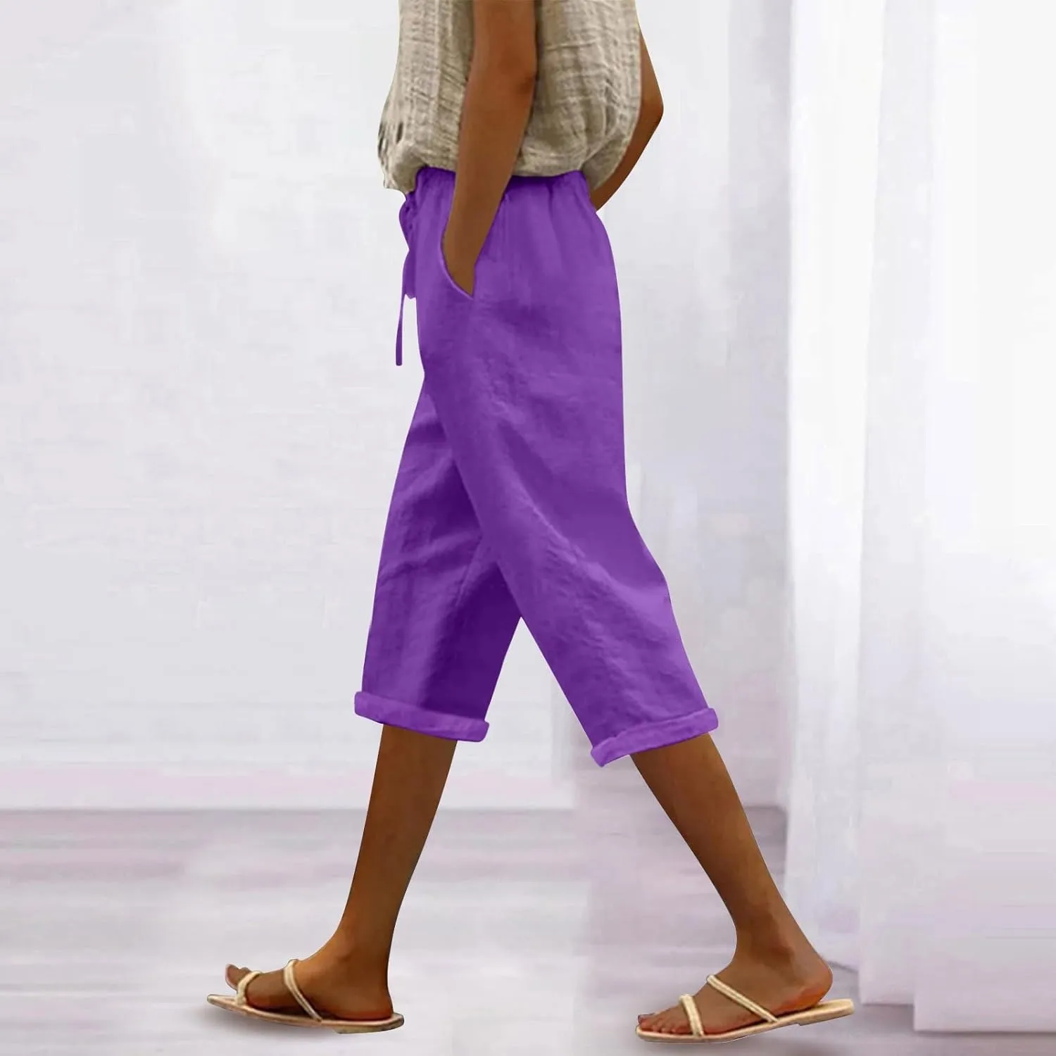 Beach Pants for Women Pants Drawstring Capri Pants with Pockets Wide Leg Cropped Pants for Women Loose Pants for