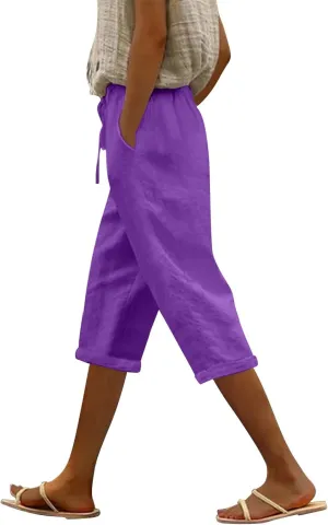 Beach Pants for Women Pants Drawstring Capri Pants with Pockets Wide Leg Cropped Pants for Women Loose Pants for