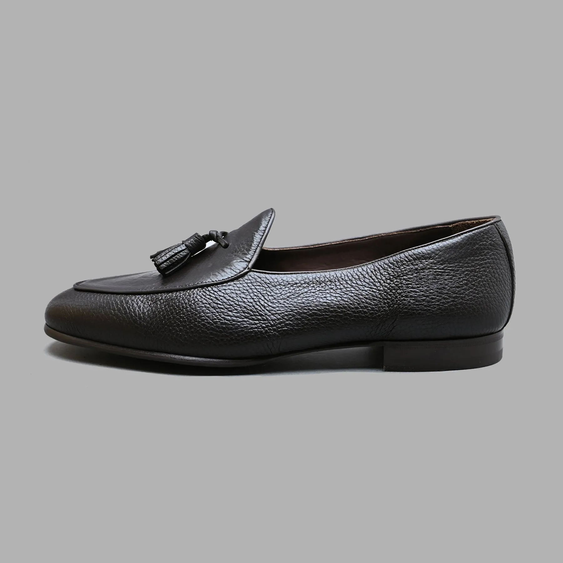 Belgian Tassel Loafer in Dark Brown Deerskin Leather