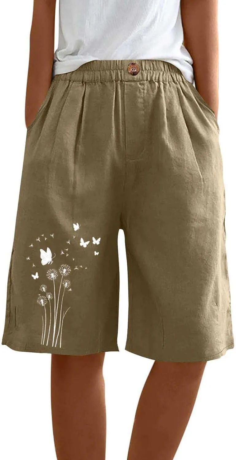 Bermuda Shorts for Women Elastic Waisted Knee Length Lounge Shorts Causal Dandelion Walking Short Pant with Pockets