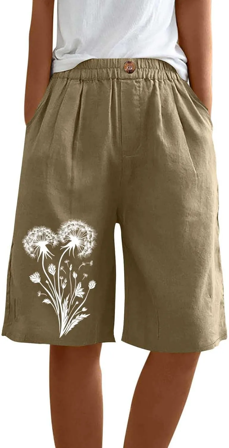 Bermuda Shorts for Women Elastic Waisted Knee Length Lounge Shorts Causal Dandelion Walking Short Pant with Pockets