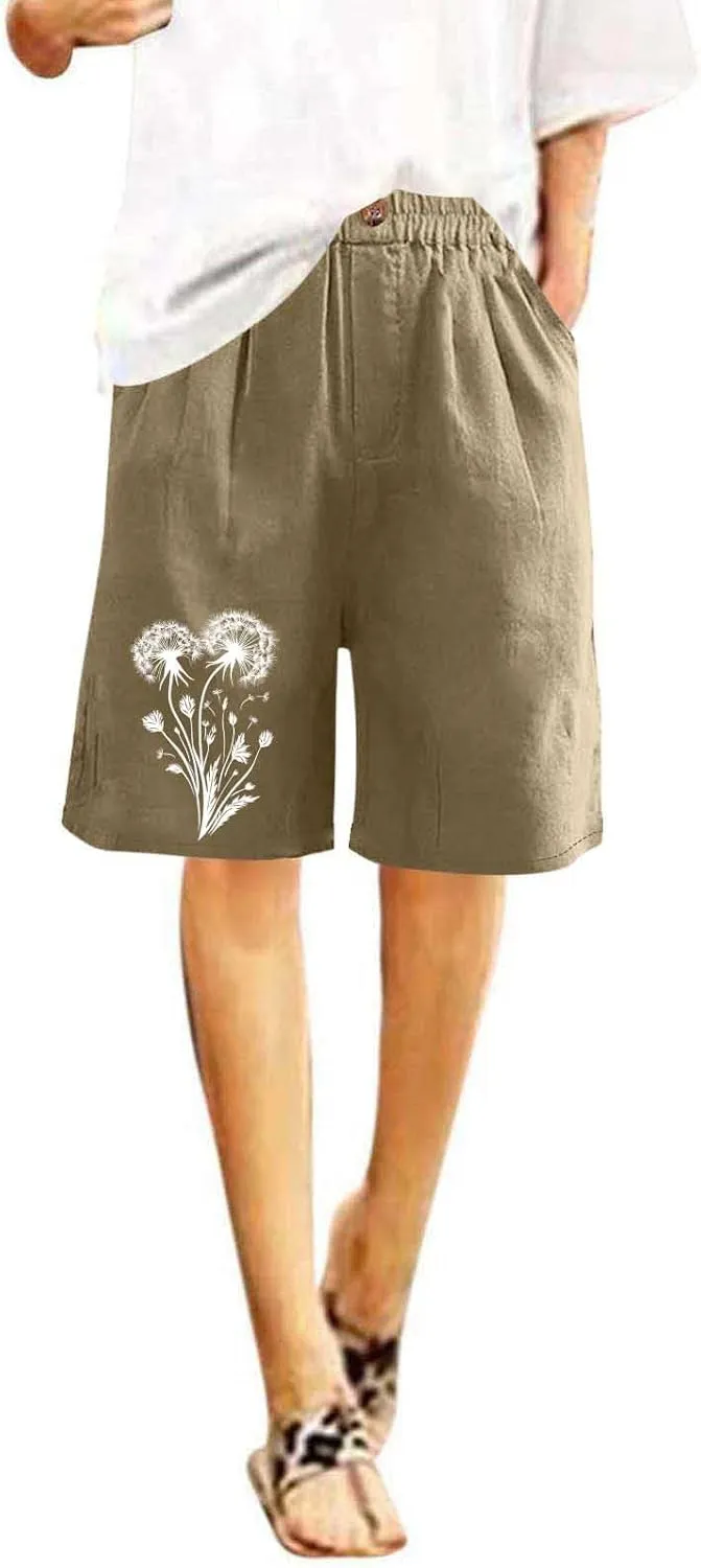 Bermuda Shorts for Women Elastic Waisted Knee Length Lounge Shorts Causal Dandelion Walking Short Pant with Pockets