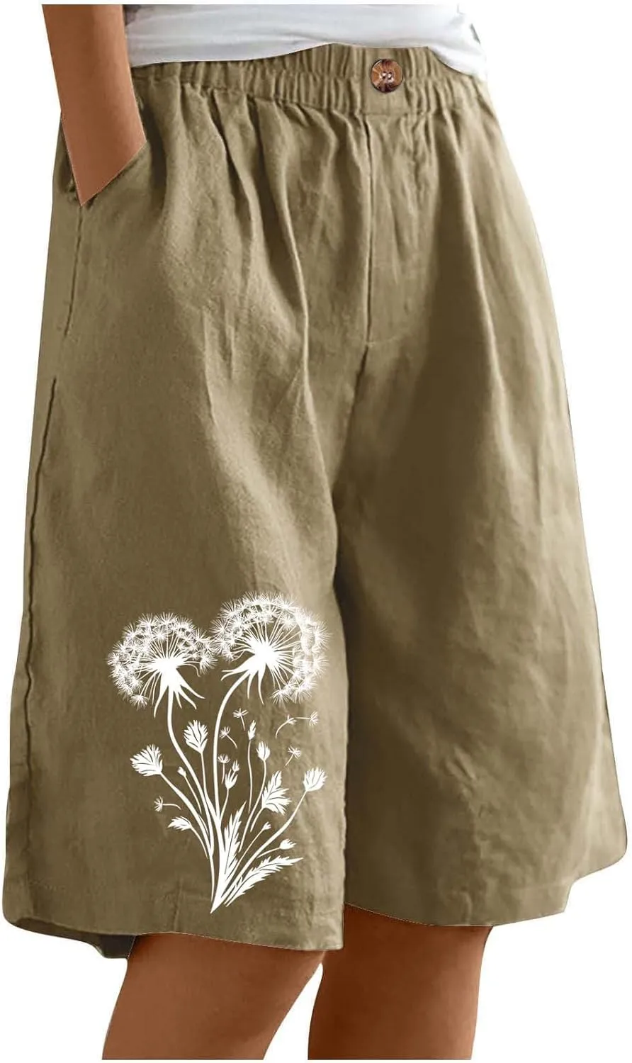Bermuda Shorts for Women Elastic Waisted Knee Length Lounge Shorts Causal Dandelion Walking Short Pant with Pockets