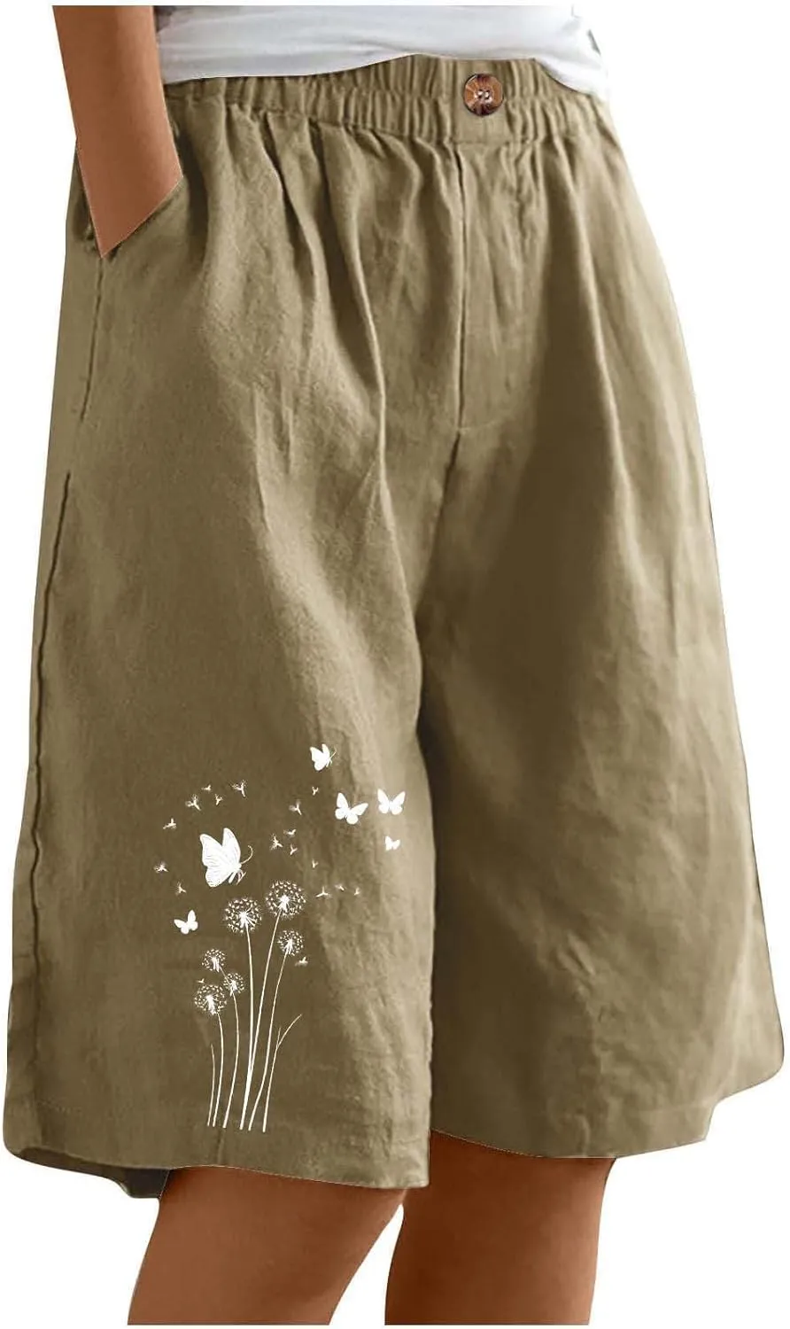 Bermuda Shorts for Women Elastic Waisted Knee Length Lounge Shorts Causal Dandelion Walking Short Pant with Pockets