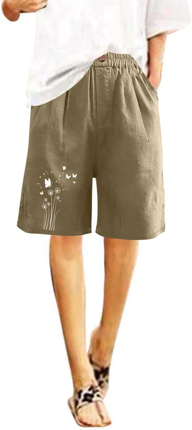 Bermuda Shorts for Women Elastic Waisted Knee Length Lounge Shorts Causal Dandelion Walking Short Pant with Pockets