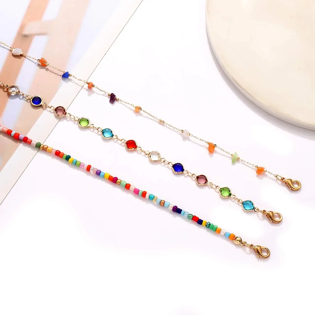 Boho Beaded Ankle Bracelet Beach 18 K Gold Plated Anklet Bracelets Handmade Colorful Seed Beads Butterfly Evil Eye Heart Link Chain Anklet Pack Cute Summer Foot Jewelry for Women