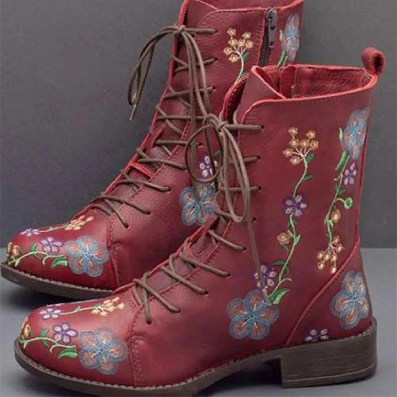 Boots for Women Printed Embroidery Boots Slipper Round Toe Chunky Heel Boots Outdoor Lace Up Mid Calf Boots