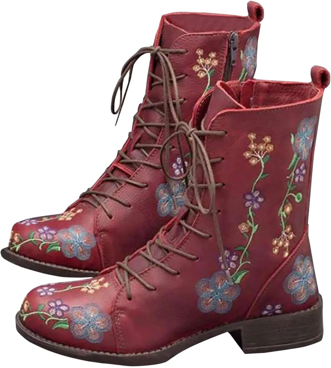 Boots for Women Printed Embroidery Boots Slipper Round Toe Chunky Heel Boots Outdoor Lace Up Mid Calf Boots