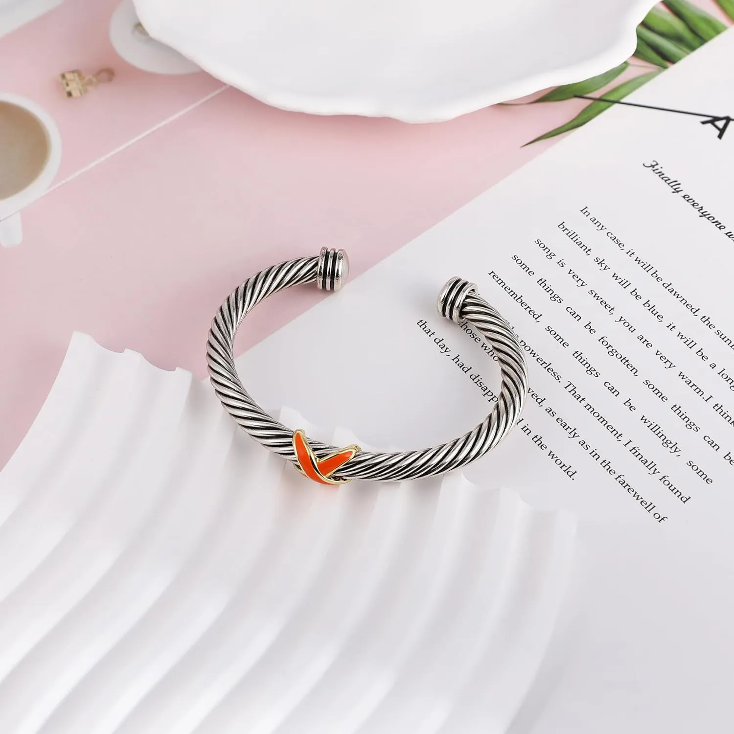 Cable Cuff Bangle for Women Twisted Bracelet, Silver Cable Wire Bangle Bracelet Two Tone - Blue Cross Bracelet Lightweight Jewelry Gifts