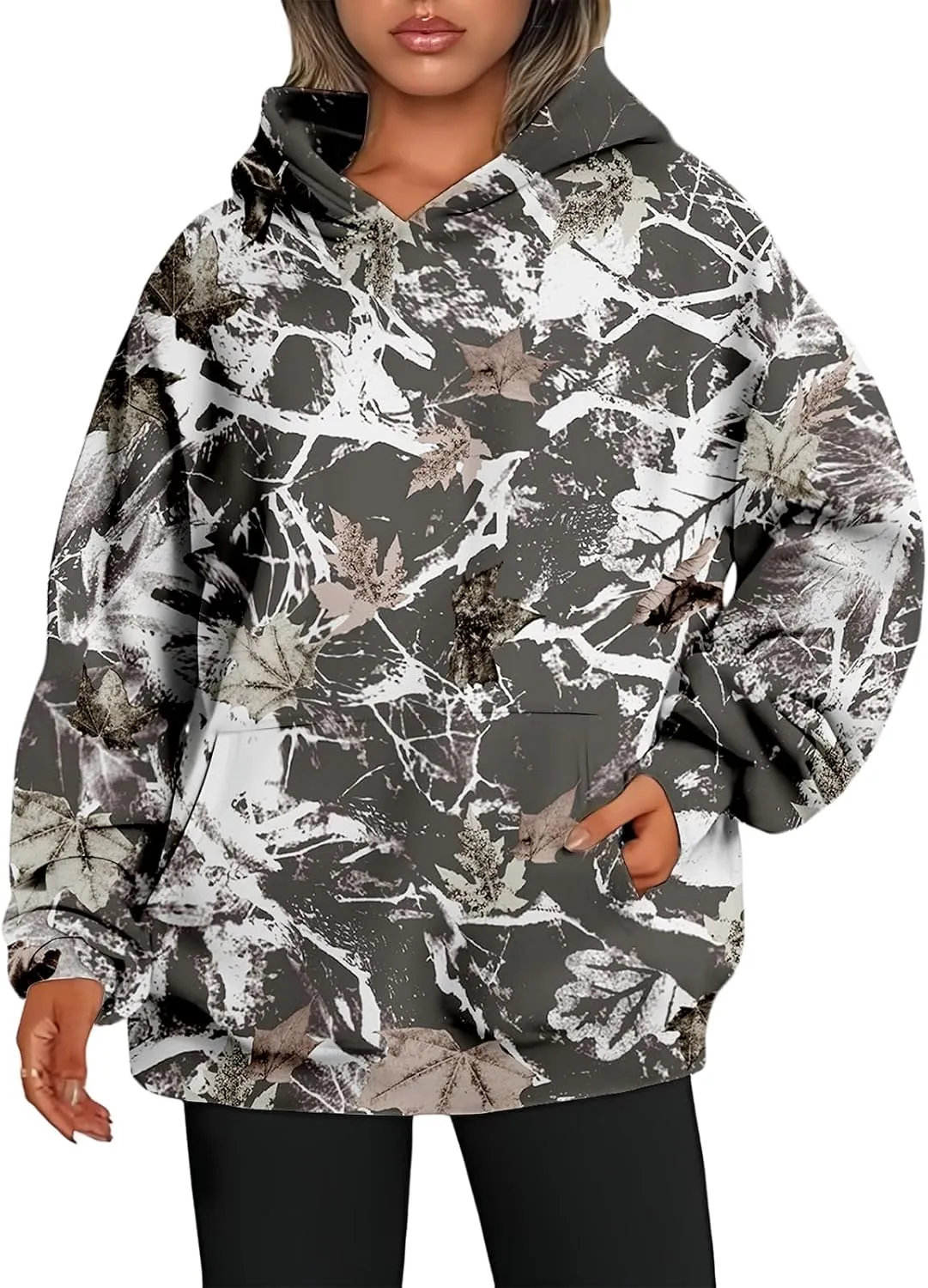 Camo Hoodies Womens Sweatshirt Maple Leaf Print Oversized Fleece Sweatshirts Classic Pullover Tunic Tops with Pocket