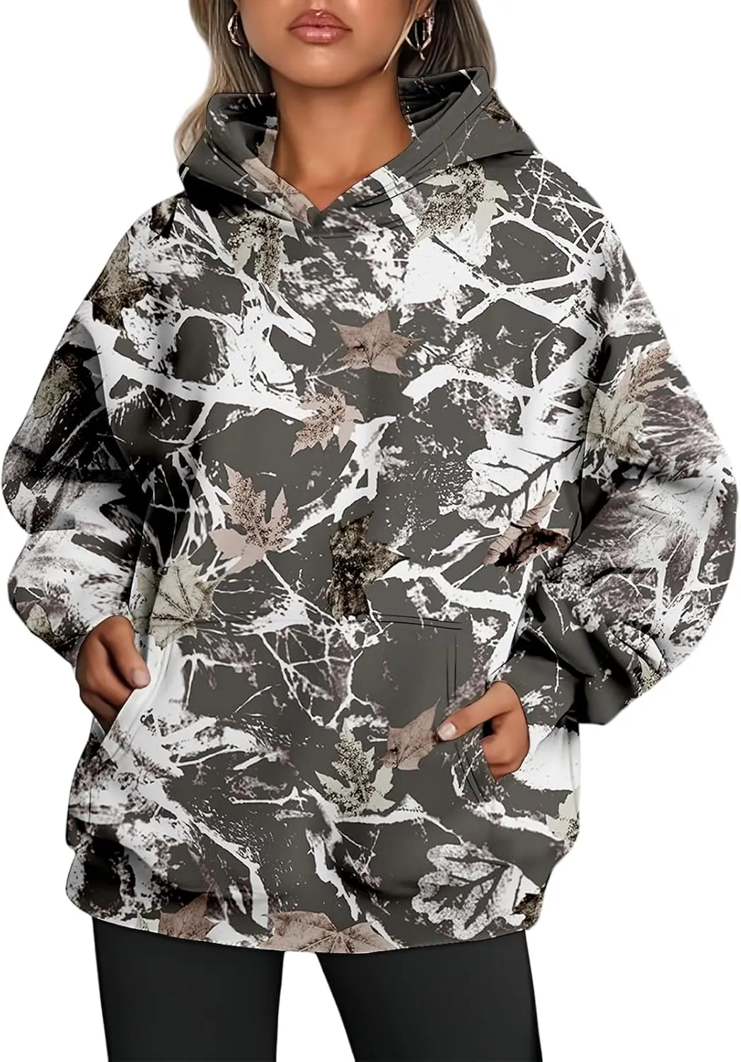 Camo Hoodies Womens Sweatshirt Maple Leaf Print Oversized Fleece Sweatshirts Classic Pullover Tunic Tops with Pocket