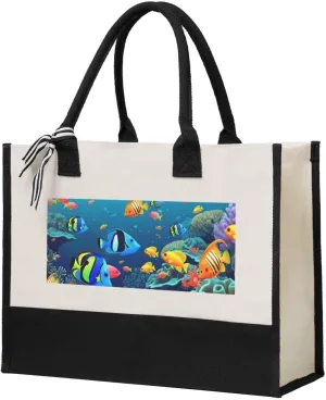 Canvas Tote Bag for Women Beach Tote Purse Reusable Grocery Bag Sea Fishes Aesthetic Shopping Bags