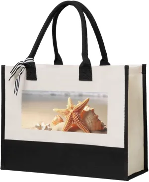 Canvas Tote Bag for Women Beach Tote Purse Reusable Grocery Bag Summer Starfish Seashell Aesthetic Shopping Bags