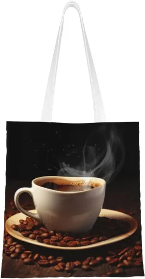 Canvas Tote Bag for Women Shoulder Tote Purse Reusable Grocery Bag Brown A Cup of Coffee Aesthetic Shopping Bags