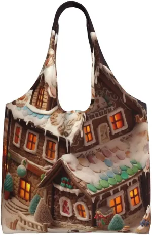 Canvas Tote Bag for Women Shoulder Tote Purse Reusable Grocery Bag Christmas Village House Aesthetic Shopping Bags