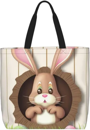 Canvas Tote Bag for Women Shoulder Tote Purse Reusable Grocery Bag Easter Bunny Wooden Hole Aesthetic Shopping Bags