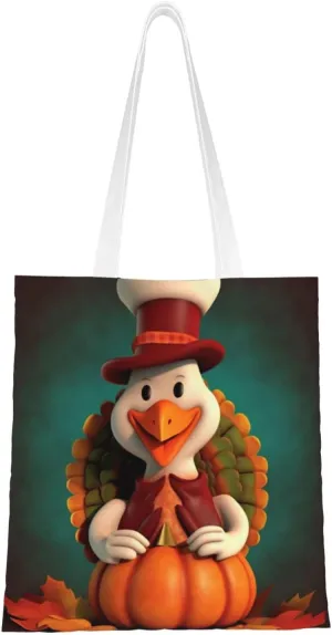 Canvas Tote Bag for Women Shoulder Tote Purse Reusable Grocery Bag Happy Thanksgiving Turkey Aesthetic Shopping Bags