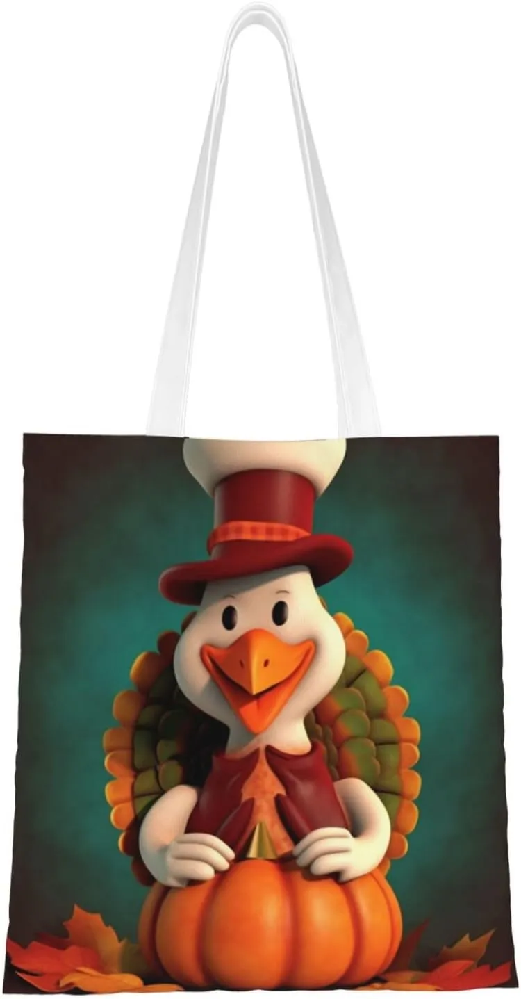 Canvas Tote Bag for Women Shoulder Tote Purse Reusable Grocery Bag Happy Thanksgiving Turkey Aesthetic Shopping Bags