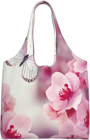 Canvas Tote Bag for Women Shoulder Tote Purse Reusable Grocery Bag Pink Flowers and Butterfly Aesthetic Shopping Bags