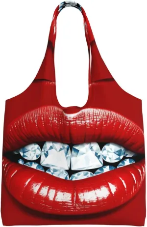 Canvas Tote Bag for Women Shoulder Tote Purse Reusable Grocery Bag Red Lips with Diamond Aesthetic Shopping Bags