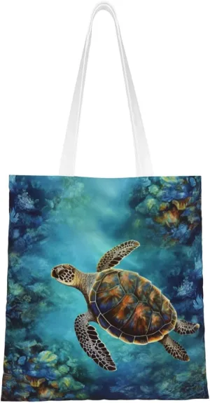 Canvas Tote Bag for Women Shoulder Tote Purse Reusable Grocery Bag Sea Turtle Aesthetic Shopping Bags