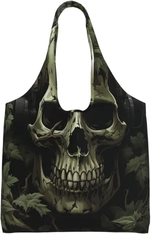 Canvas Tote Bag for Women Shoulder Tote Purse Reusable Grocery Bag Skeleton covered by leaves Aesthetic Shopping Bags
