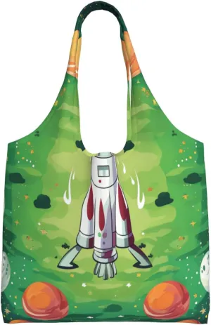 Canvas Tote Bag for Women Shoulder Tote Purse Reusable Grocery Bag Space rocket and green circle Aesthetic Shopping Bags