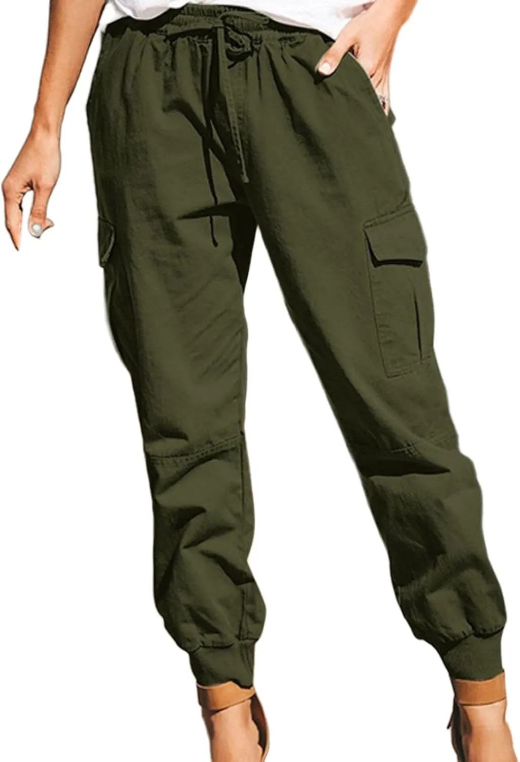 Cargo Pants for Women Stretchy Drawstring High Waisted Pant Cropped Breathable Cotton Linen Tapered Casual Trousers