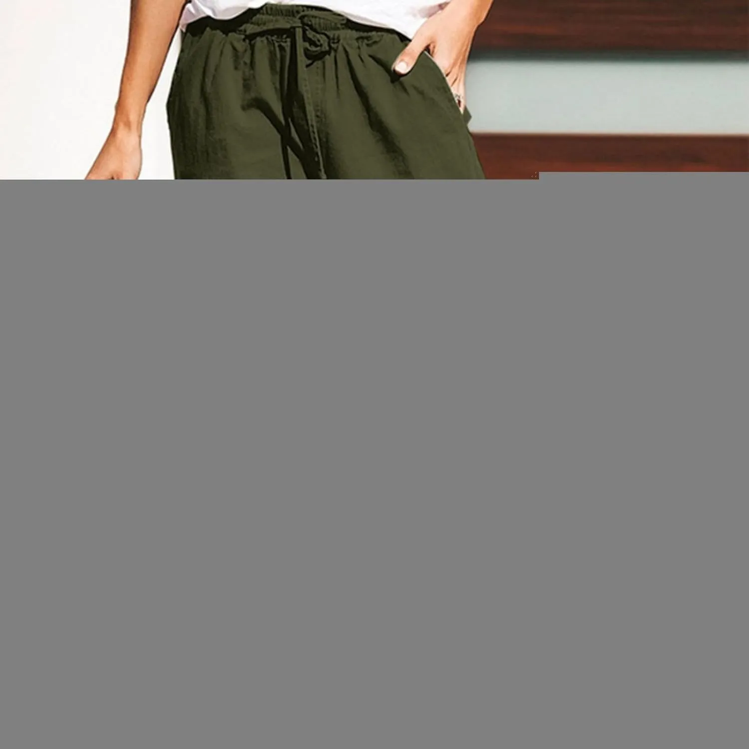 Cargo Pants for Women Stretchy Drawstring High Waisted Pant Cropped Breathable Cotton Linen Tapered Casual Trousers