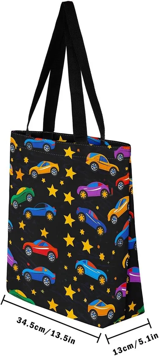 Cartoon Excavator Canvas Tote Bag,Construction Vehicle Shoulder Handbags for Shopping,Engineering Car Travel Bag