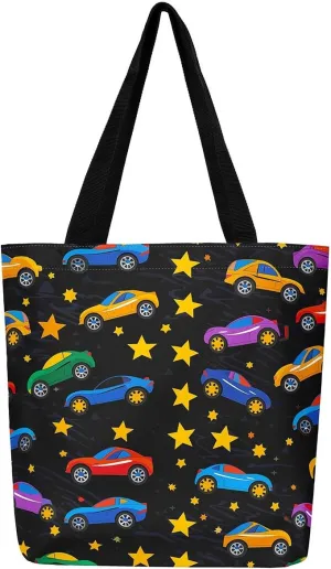 Cartoon Excavator Canvas Tote Bag,Construction Vehicle Shoulder Handbags for Shopping,Engineering Car Travel Bag