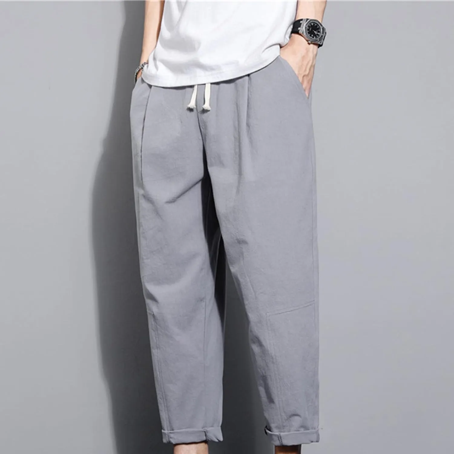 Casual Pants for Mens Linen Pants Drawstring Beach Pants Relaxed-Fit Yoga Pants Soft Elastic Waist Pants