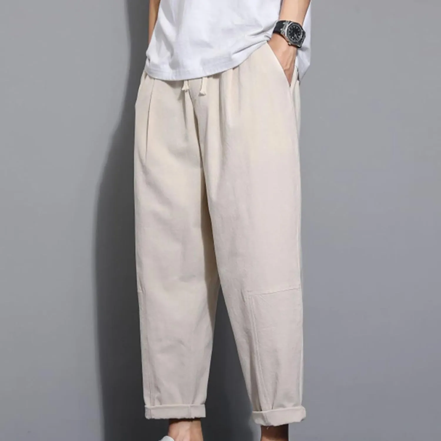 Casual Pants for Mens Linen Pants Drawstring Beach Pants Relaxed-Fit Yoga Pants Soft Elastic Waist Pants