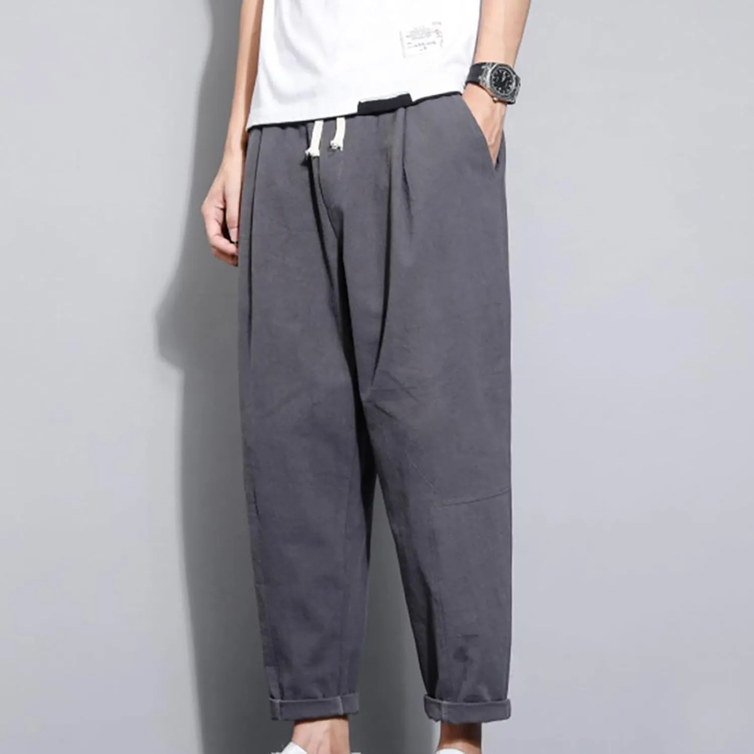 Casual Pants for Mens Linen Pants Drawstring Beach Pants Relaxed-Fit Yoga Pants Soft Elastic Waist Pants