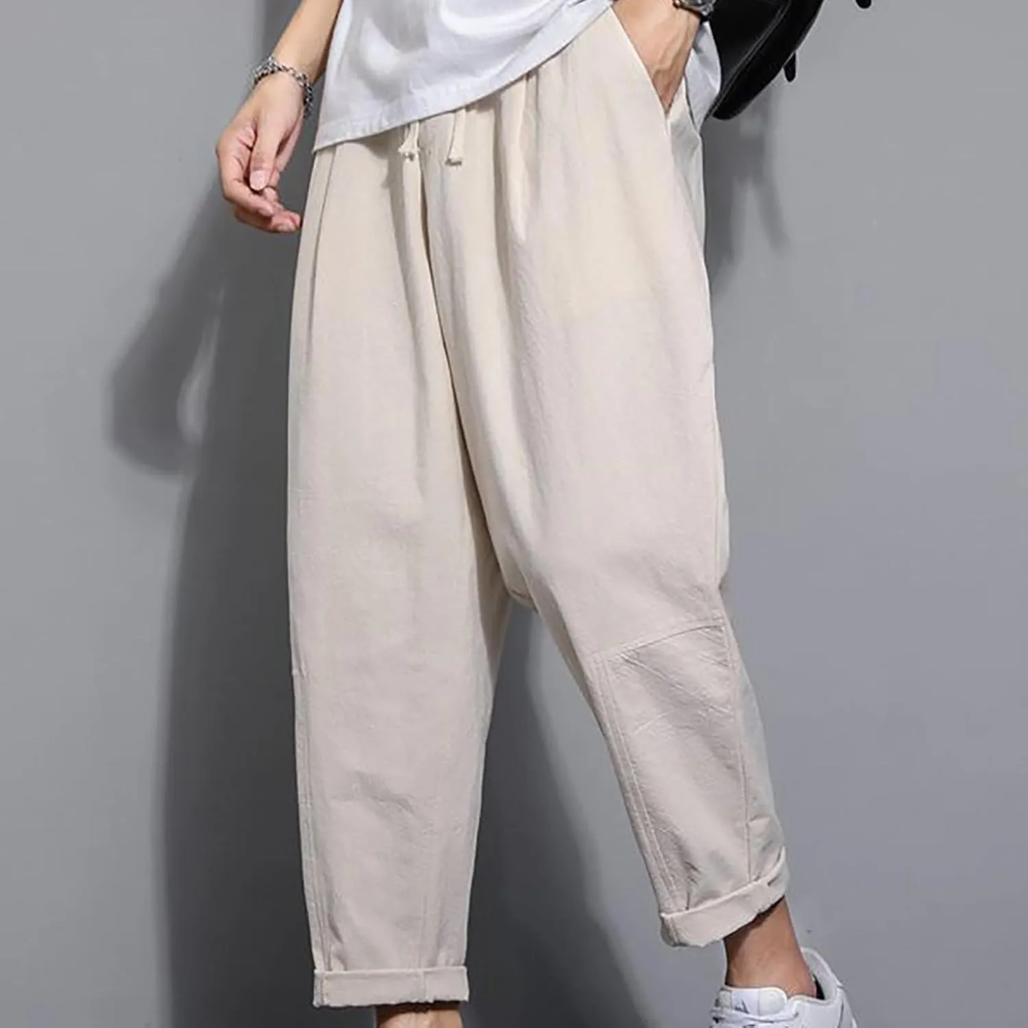 Casual Pants for Mens Linen Pants Drawstring Beach Pants Relaxed-Fit Yoga Pants Soft Elastic Waist Pants