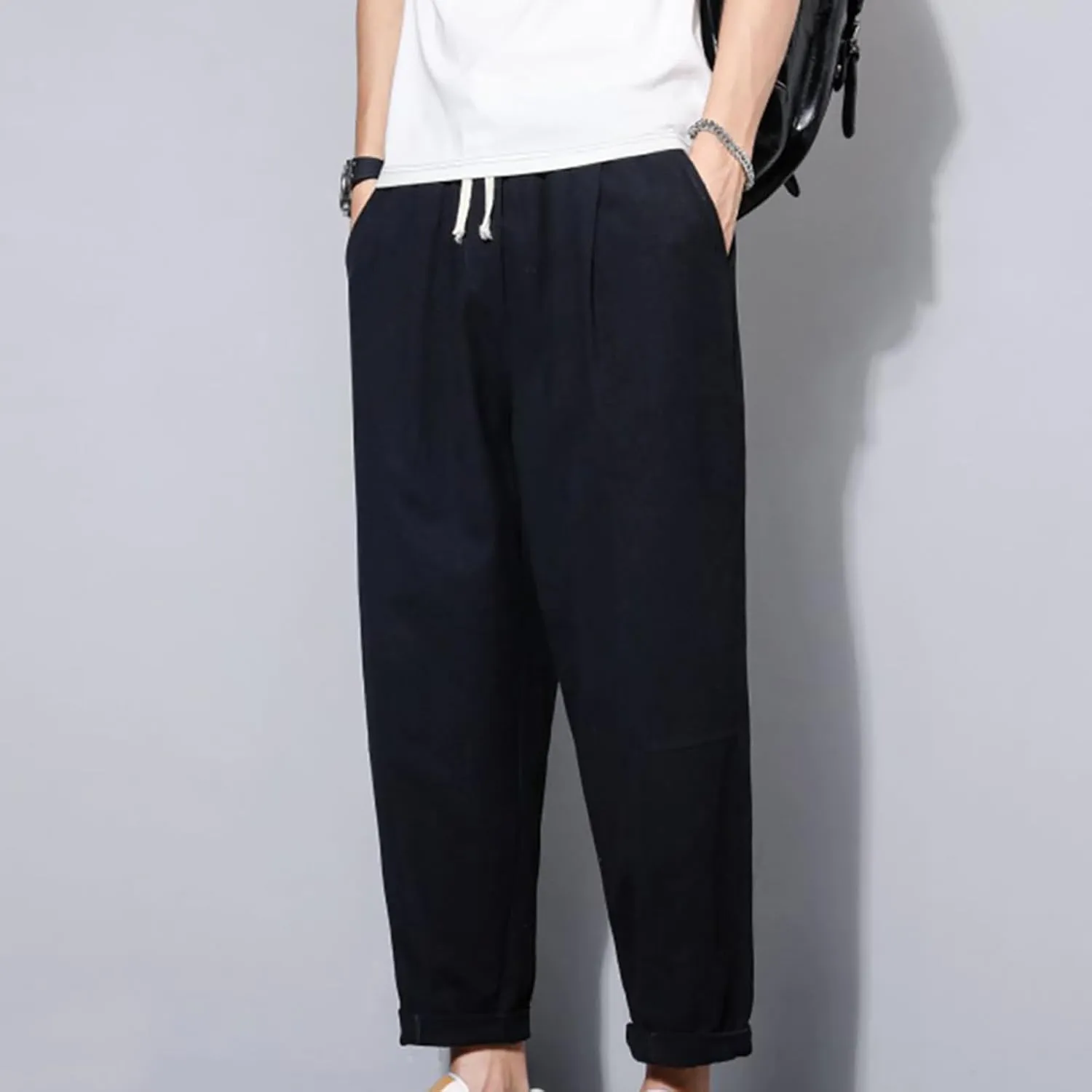 Casual Pants for Mens Linen Pants Drawstring Beach Pants Relaxed-Fit Yoga Pants Soft Elastic Waist Pants