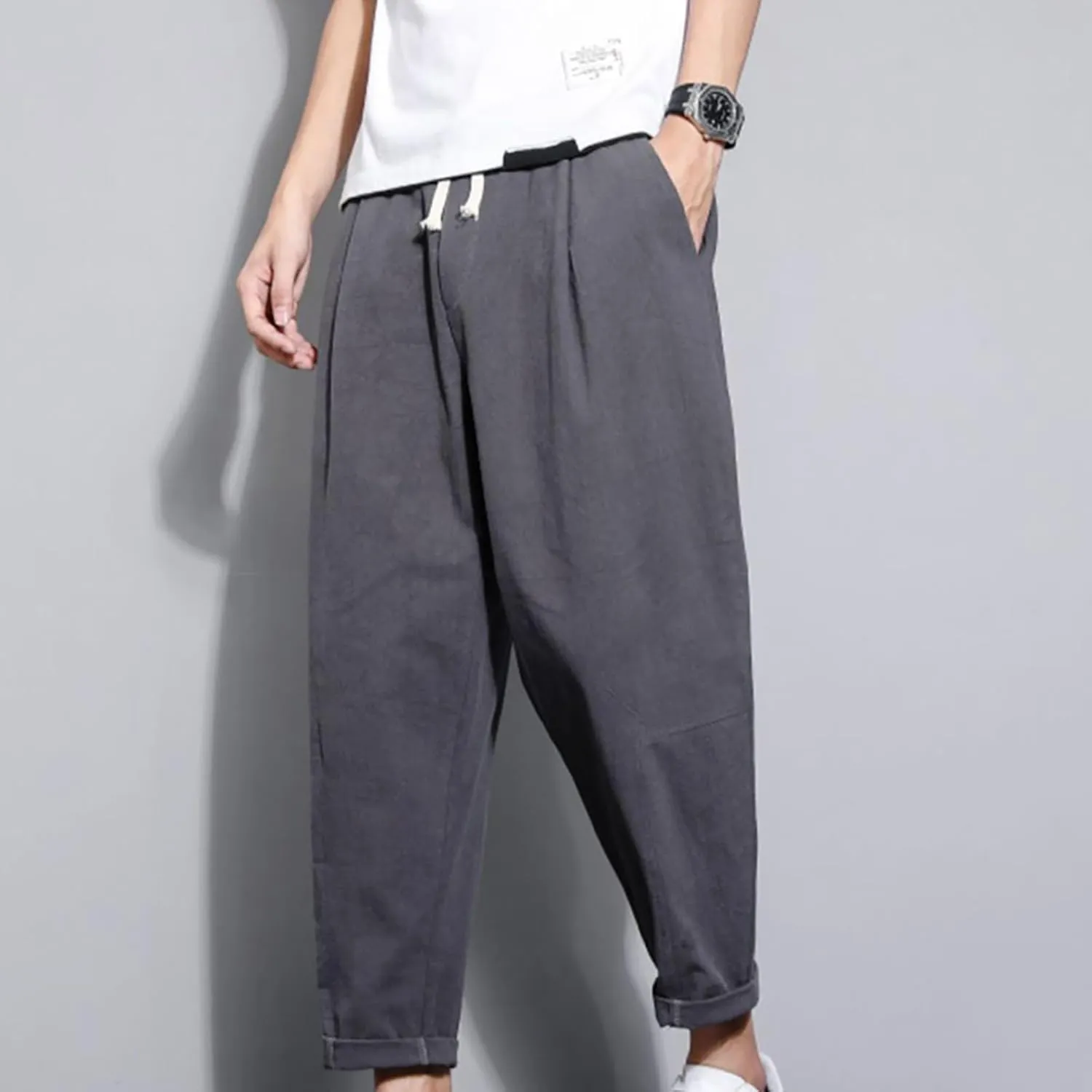 Casual Pants for Mens Linen Pants Drawstring Beach Pants Relaxed-Fit Yoga Pants Soft Elastic Waist Pants