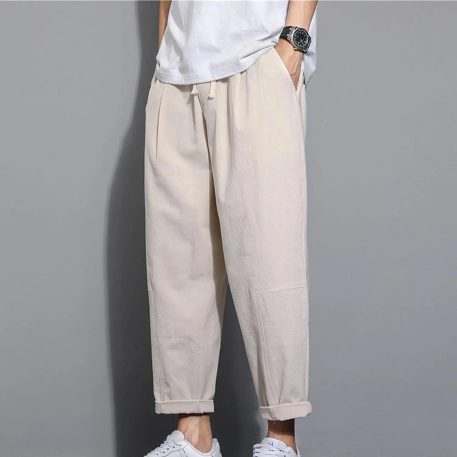 Casual Pants for Mens Linen Pants Drawstring Beach Pants Relaxed-Fit Yoga Pants Soft Elastic Waist Pants