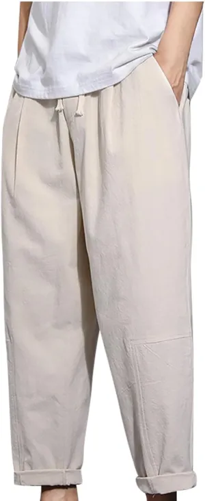Casual Pants for Mens Linen Pants Drawstring Beach Pants Relaxed-Fit Yoga Pants Soft Elastic Waist Pants
