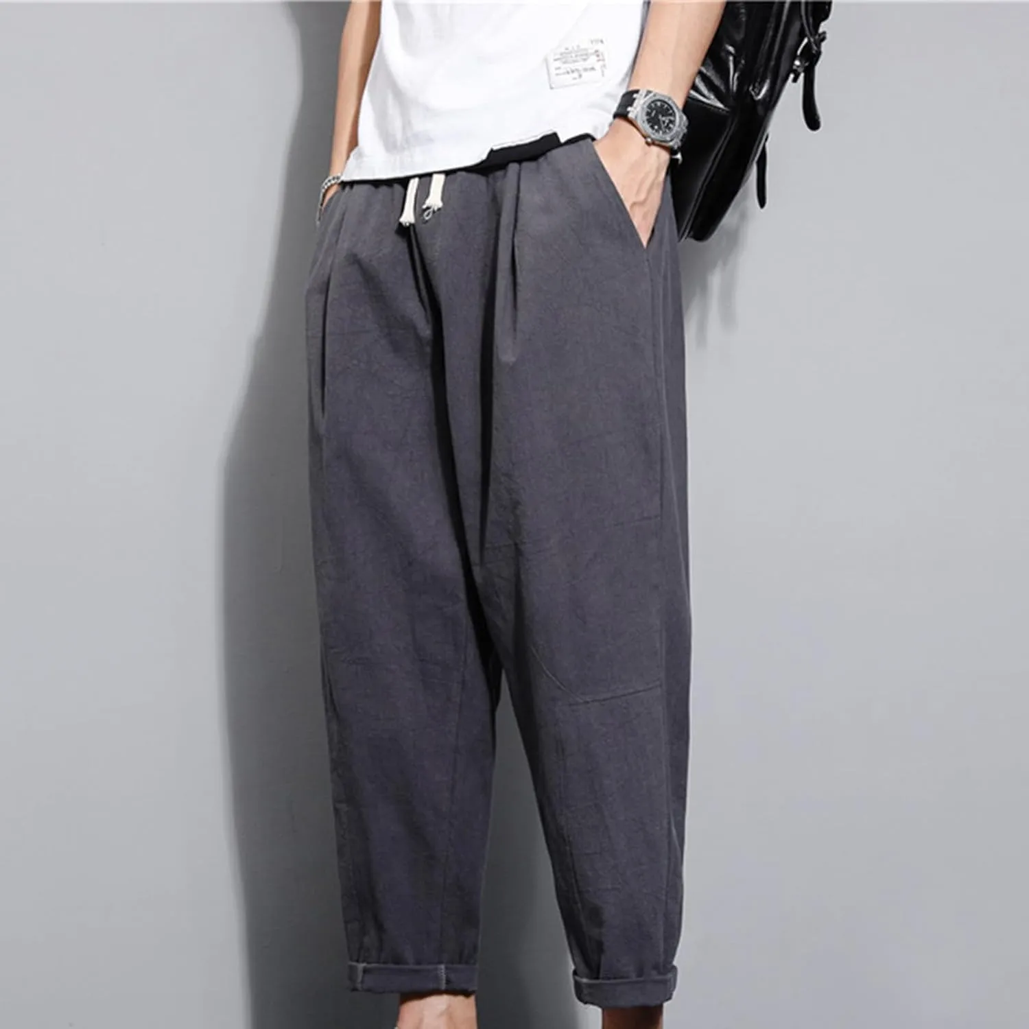 Casual Pants for Mens Linen Pants Drawstring Beach Pants Relaxed-Fit Yoga Pants Soft Elastic Waist Pants