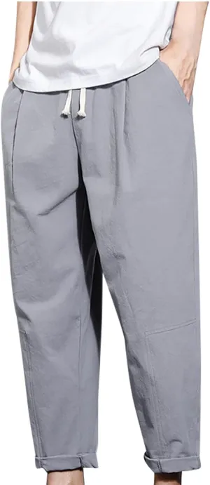 Casual Pants for Mens Linen Pants Drawstring Beach Pants Relaxed-Fit Yoga Pants Soft Elastic Waist Pants