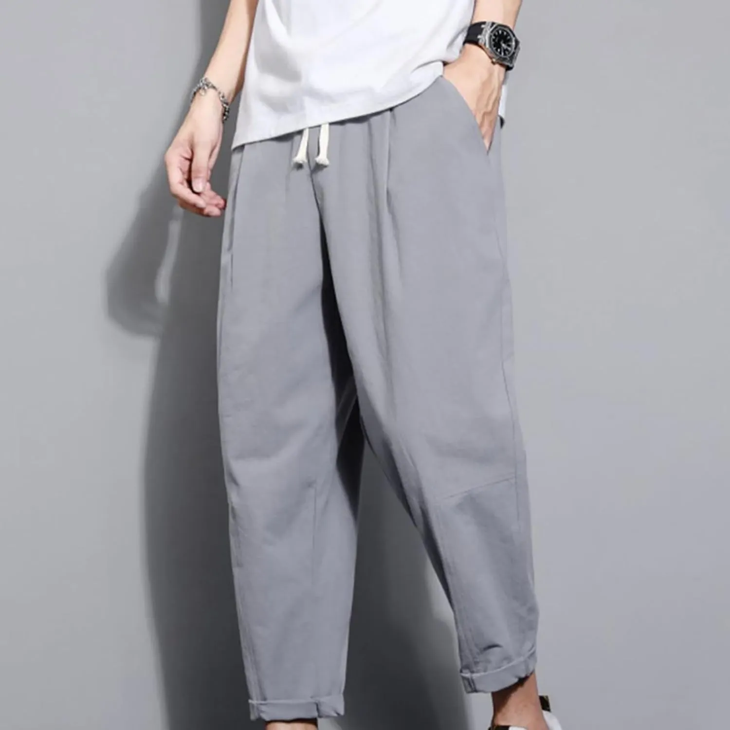 Casual Pants for Mens Linen Pants Drawstring Beach Pants Relaxed-Fit Yoga Pants Soft Elastic Waist Pants