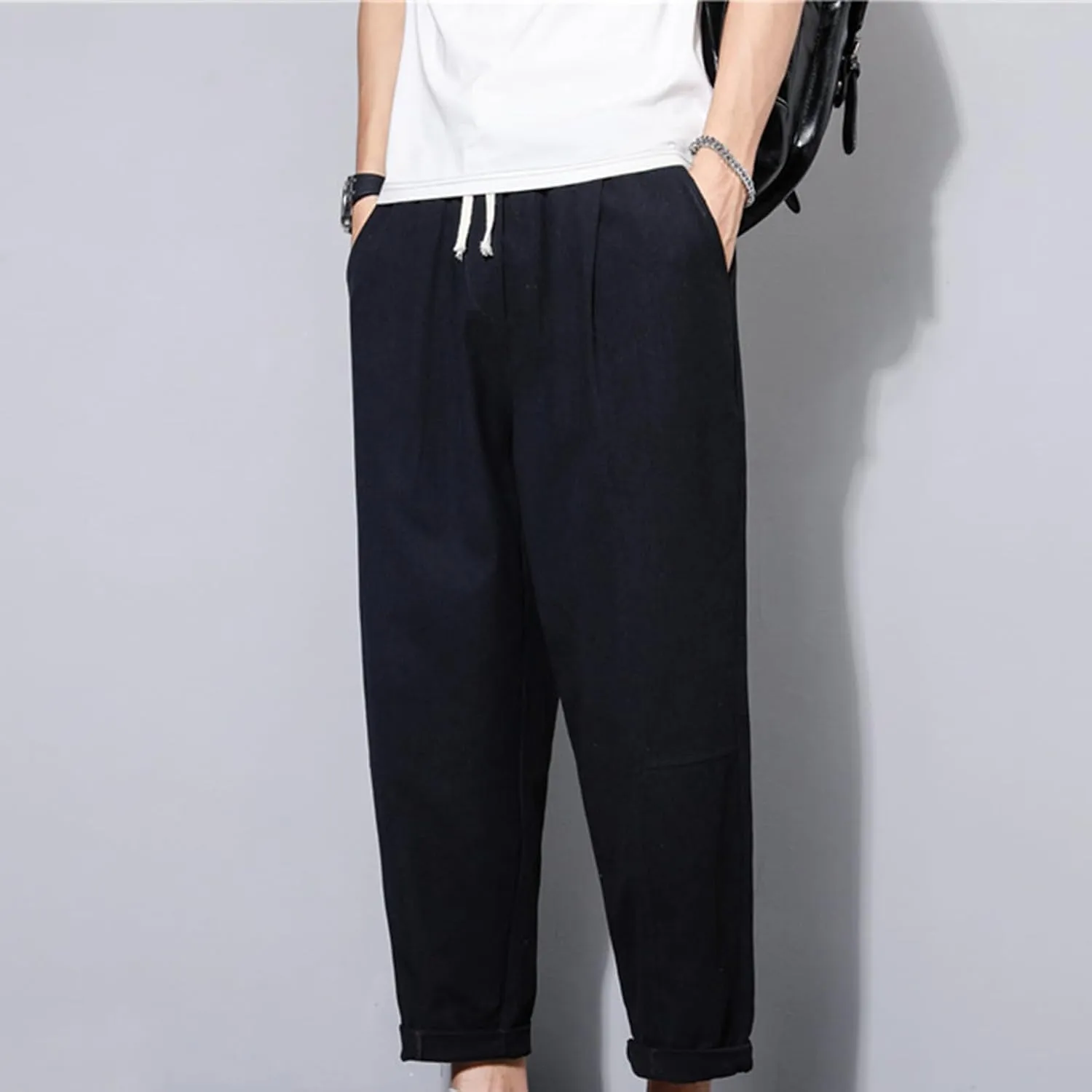 Casual Pants for Mens Linen Pants Drawstring Beach Pants Relaxed-Fit Yoga Pants Soft Elastic Waist Pants